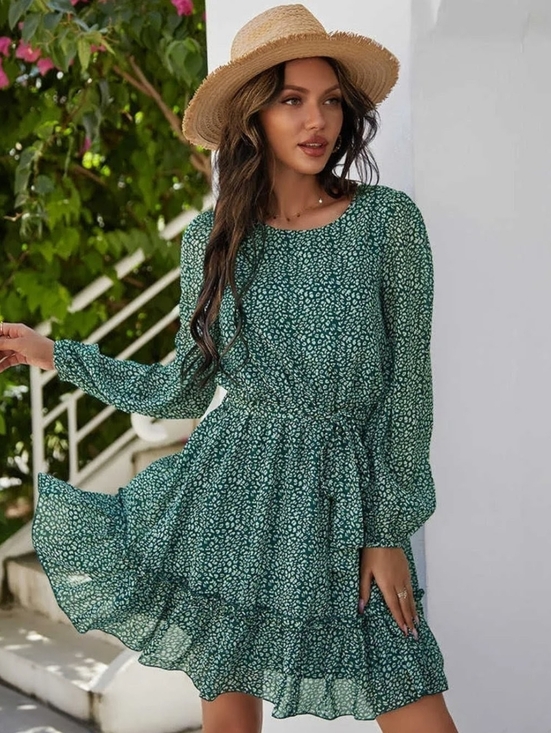 Dresses & Skirts - Ladies Casual Green Floral Chiffon Ruffle Long Sleeve Dress XL